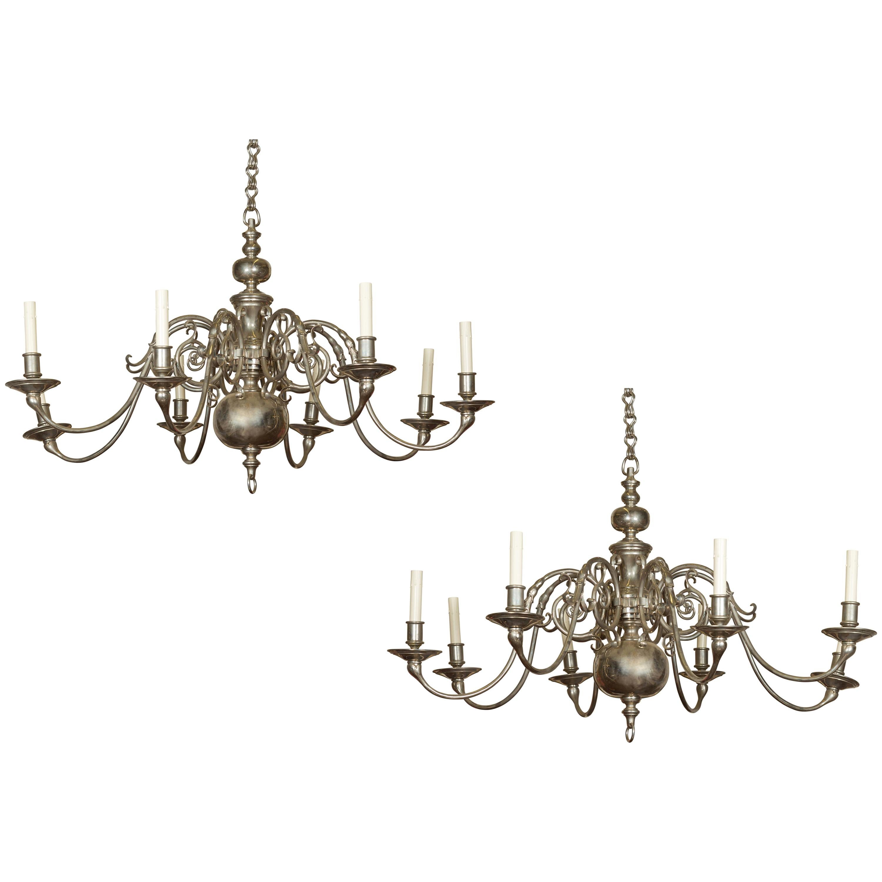 Vintage Pair of English Silver Plated Eight-Light Chandeliers, circa 1950