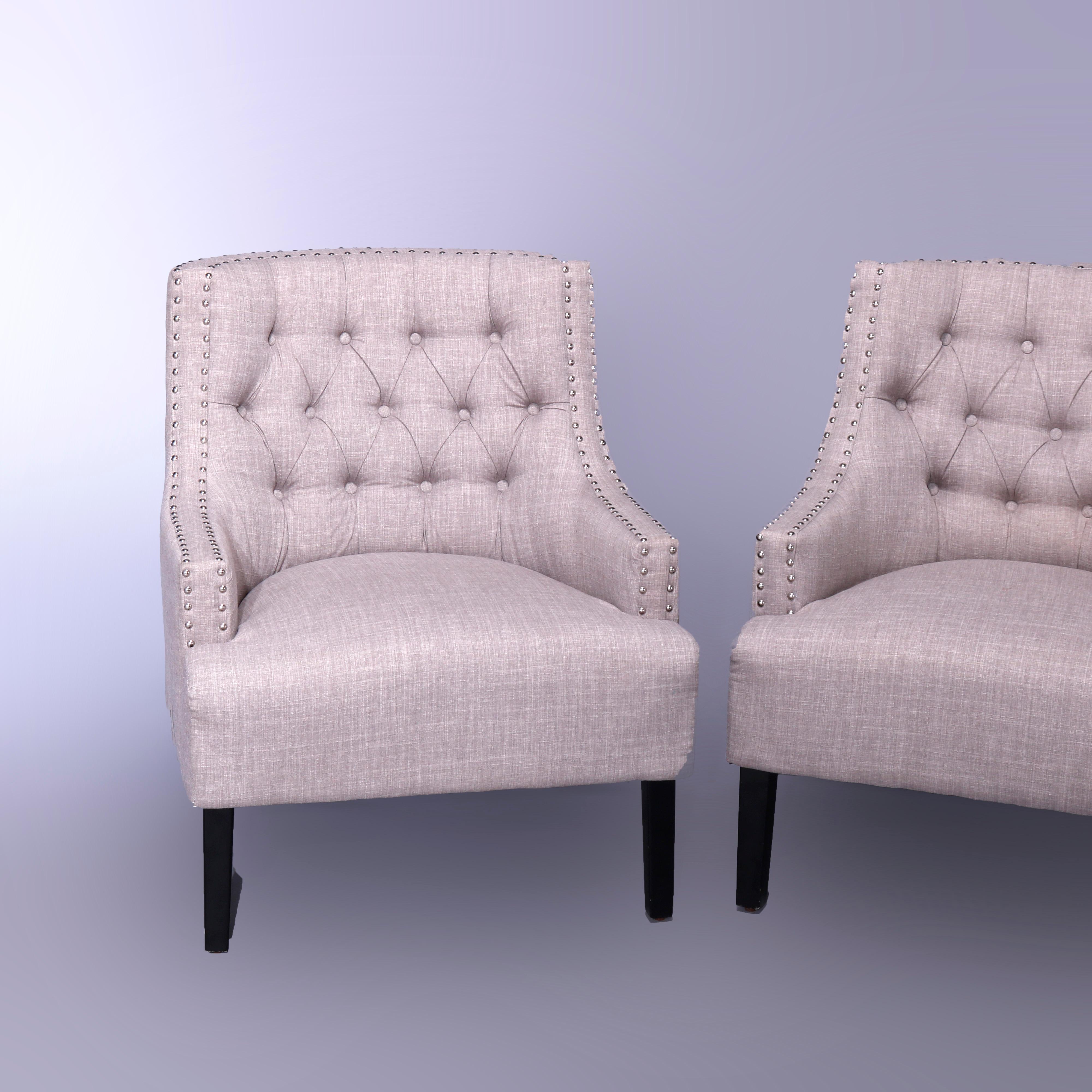 Vintage Pair of English Style Button Back Upholstered Club Chairs, 20th Century For Sale 2