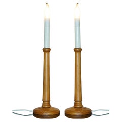 ViNTAGE PAIR OF ENGLISH TIGER OAK TABLE LAMPS WITH CANDLE TOPS CIRCA 1970'S