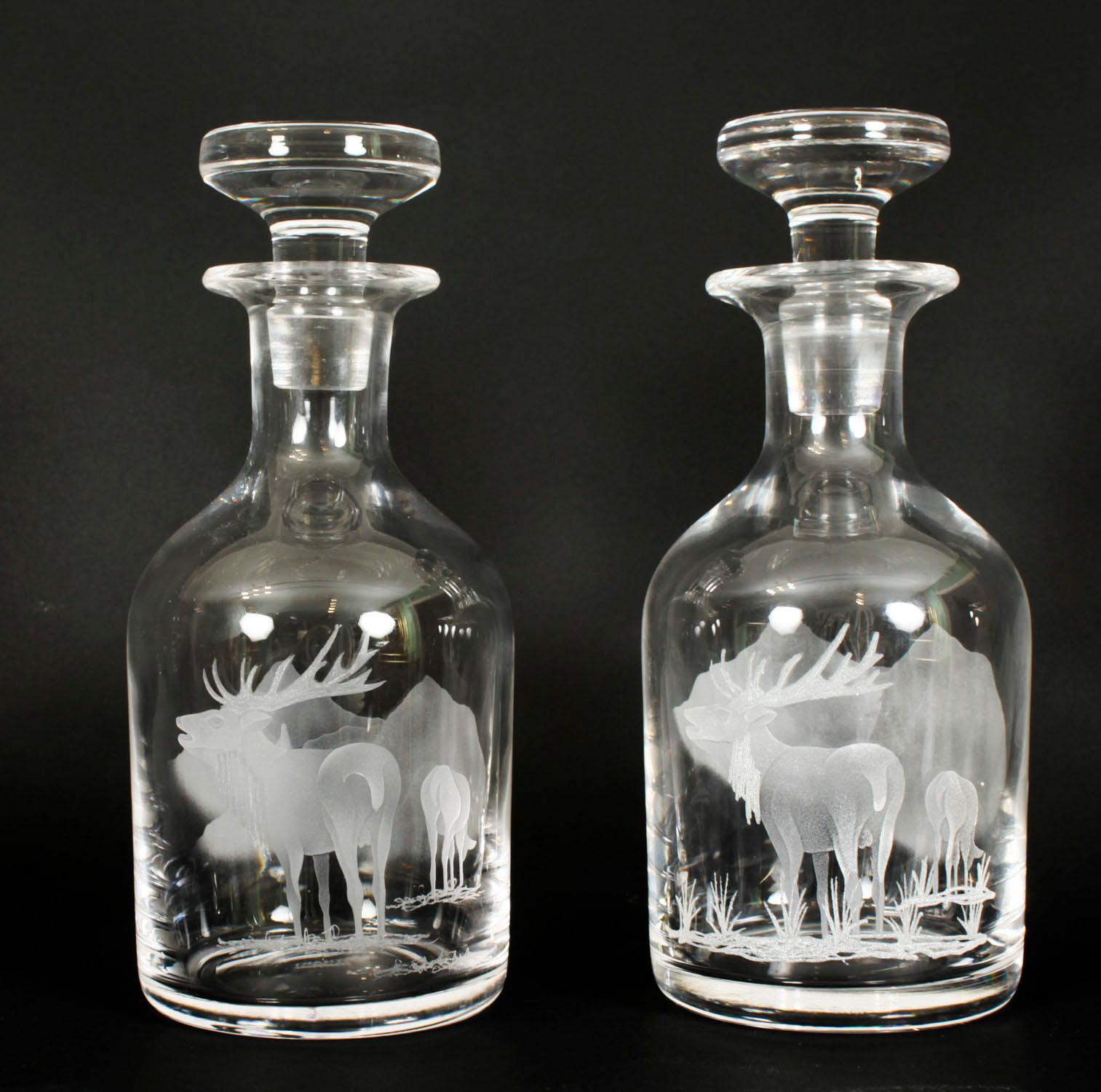 Vintage Pair of Etched Stuart Crystal Glass Liqueur Decanters 20th C 12