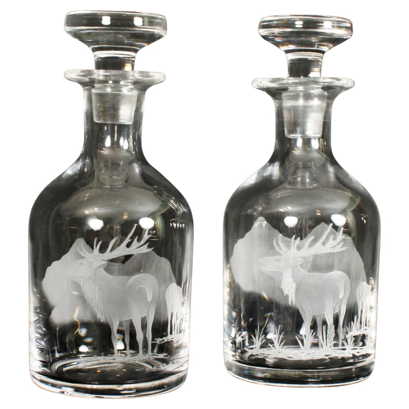 Vintage Pair of Etched Stuart Crystal Glass Liqueur Decanters 20th C