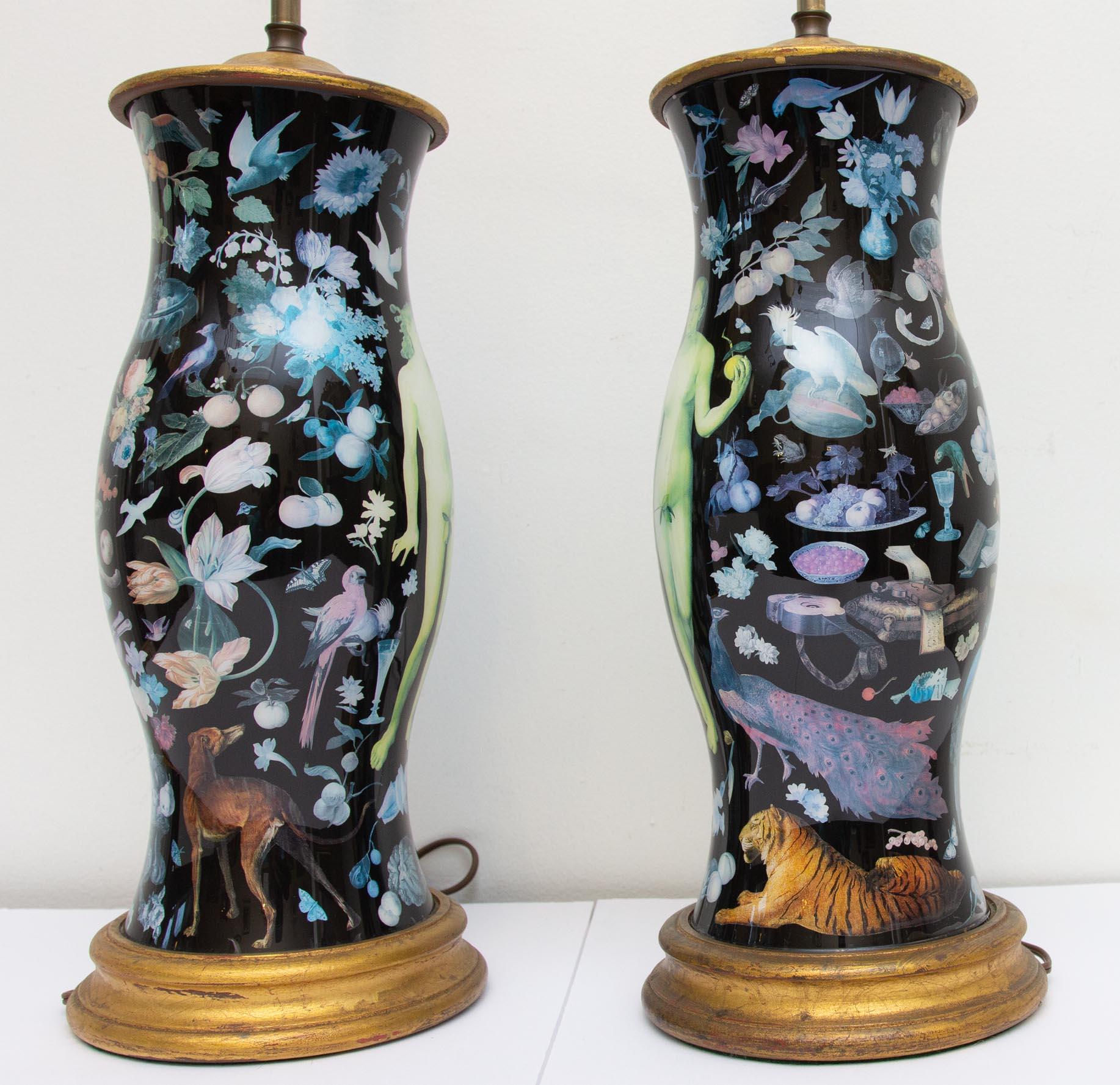 Vintage Pair of Exotic Decalcomania Lamps Adam and Eve In Good Condition In Rochester, NY