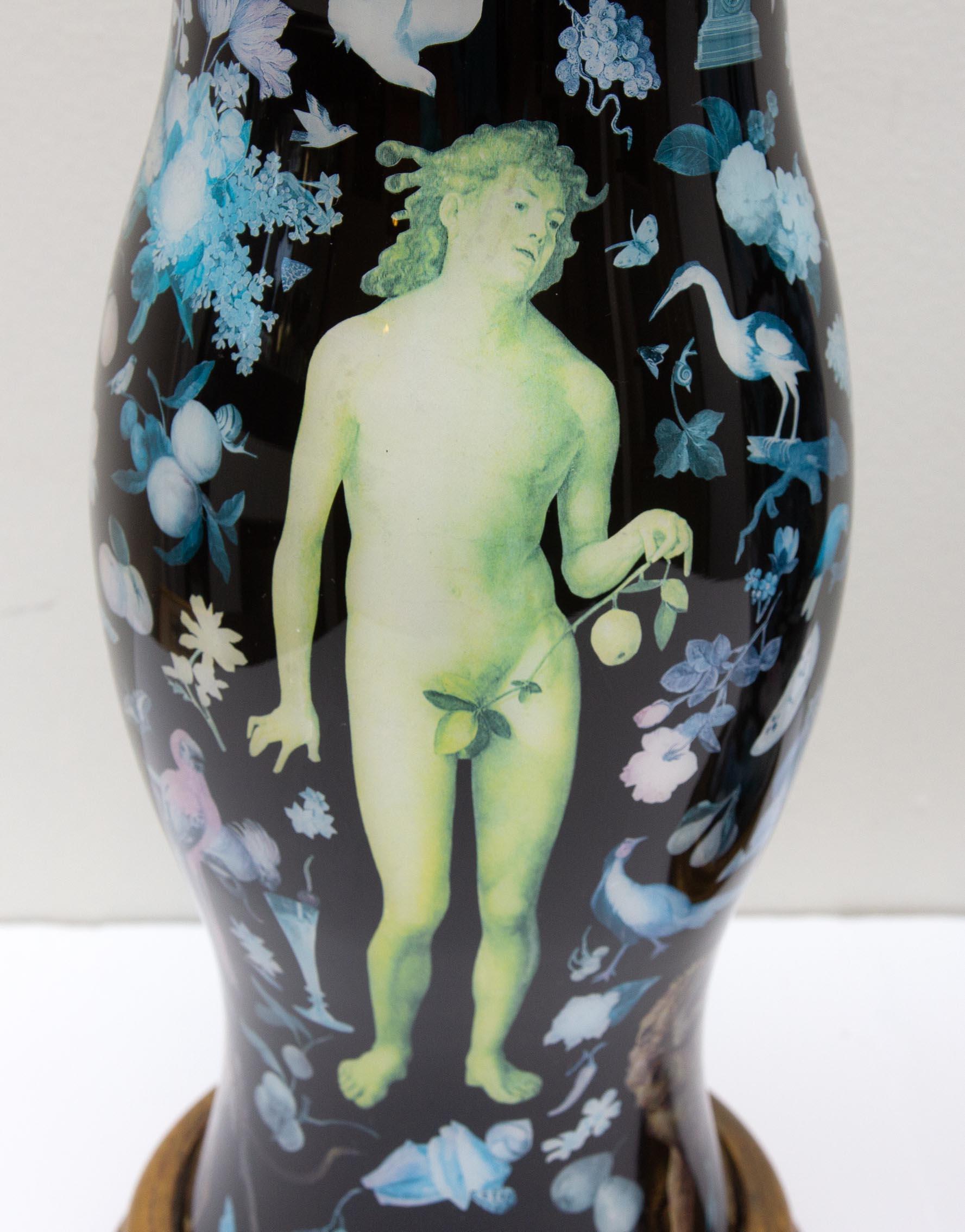 Glass Vintage Pair of Exotic Decalcomania Lamps Adam and Eve