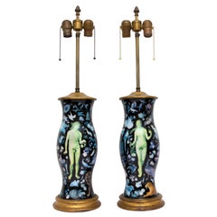 Vintage Pair of Exotic Decalcomania Lamps Adam and Eve