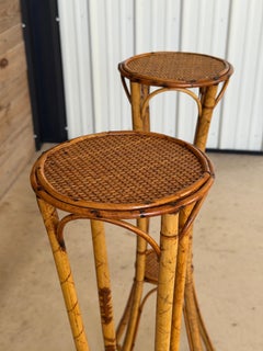 Vintage Pair of Faux Bamboo and Woven Rattan Plant Stands