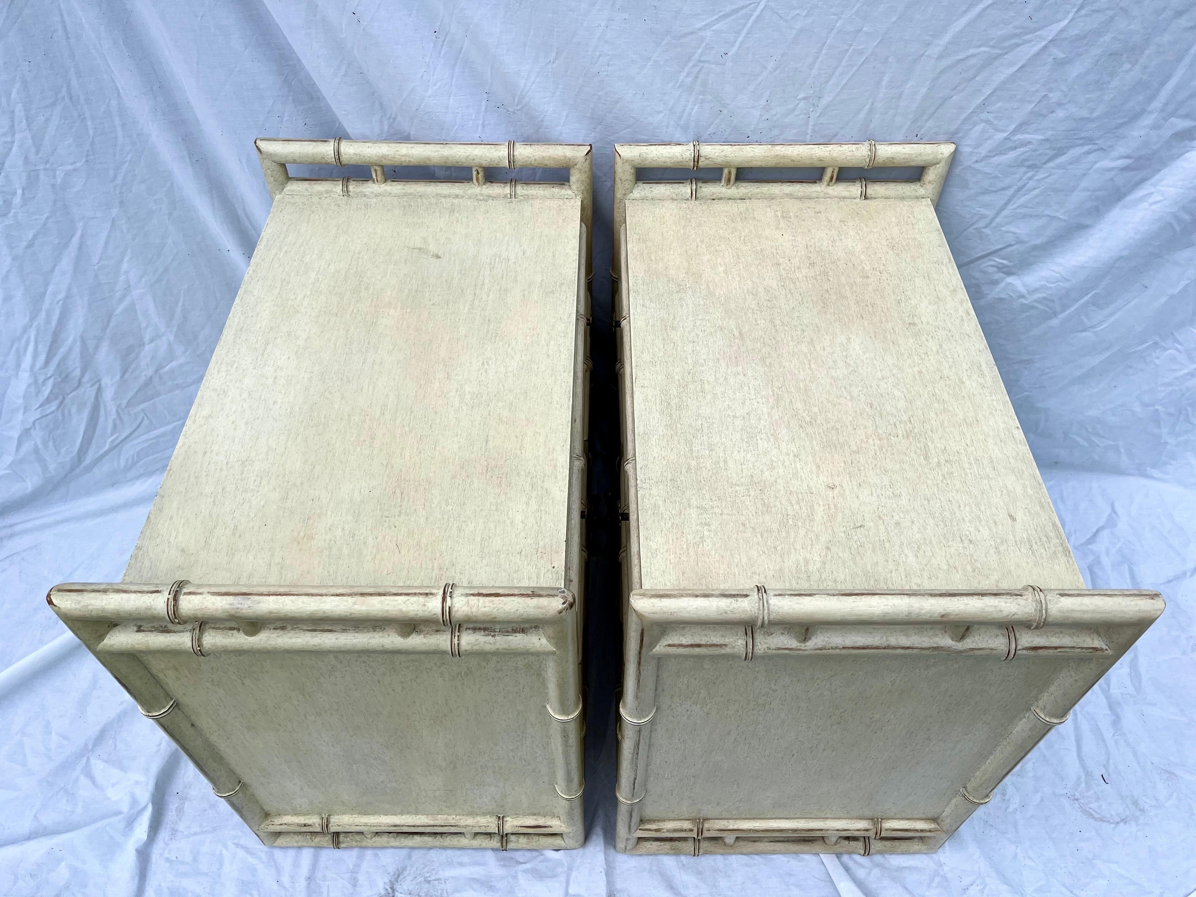 Vintage Pair of Faux Bamboo Chests Drawer and Cabinet Side Tables or Nightstands 5