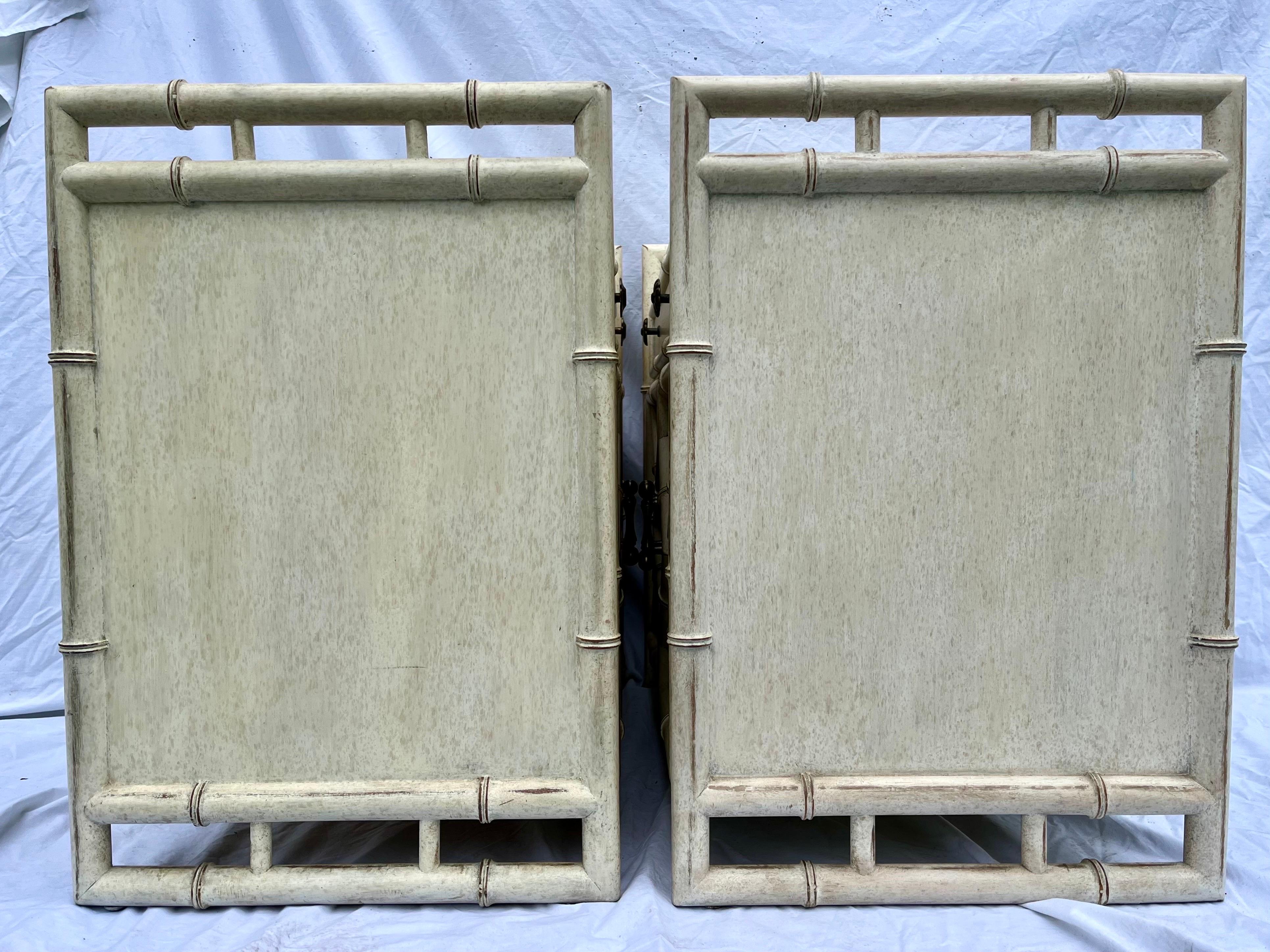 Vintage Pair of Faux Bamboo Chests Drawer and Cabinet Side Tables or Nightstands 10
