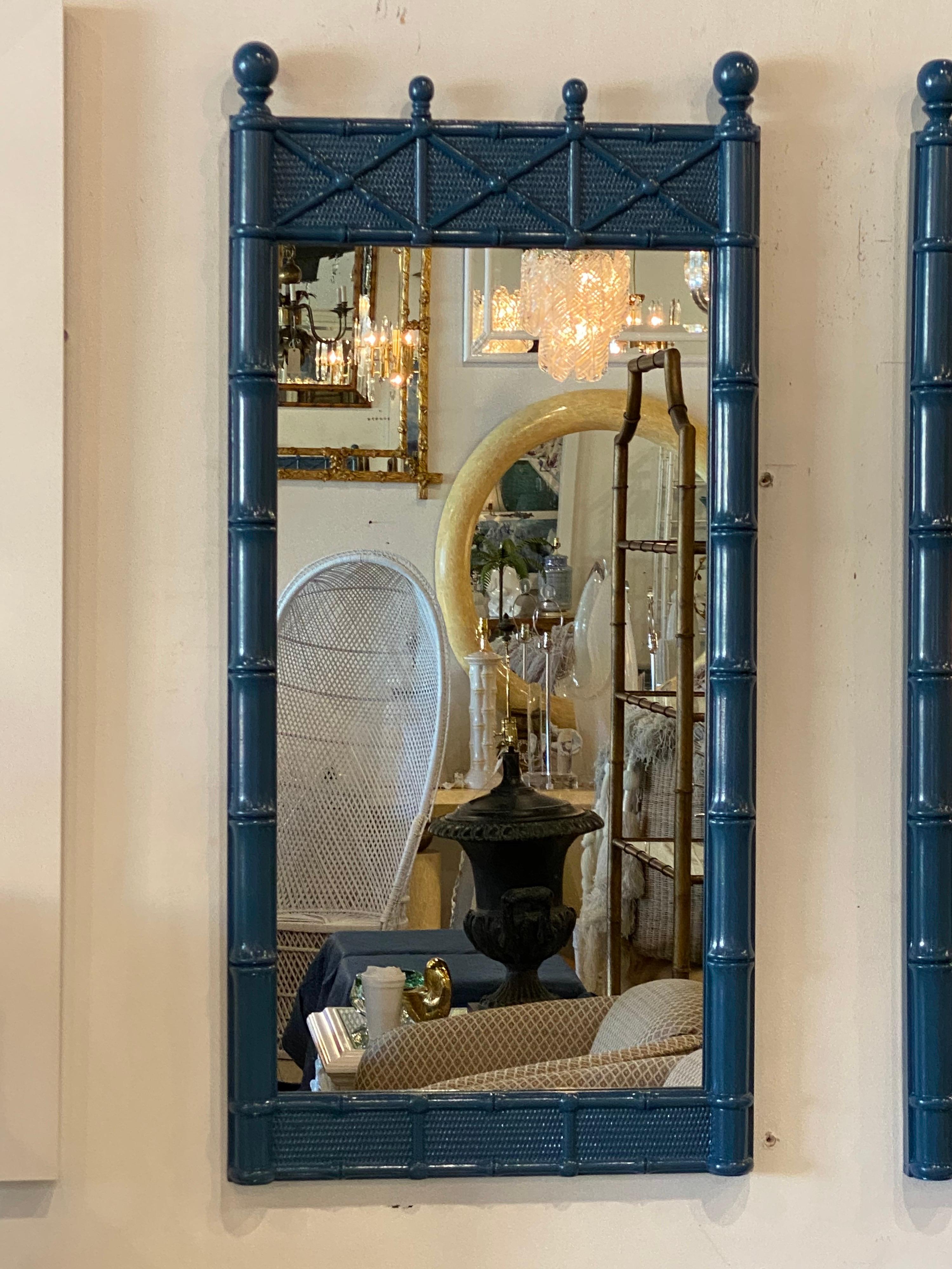 Late 20th Century Vintage Pair of Faux Bamboo Chinese Chippendale Blue Lacquered Wall Mirrors