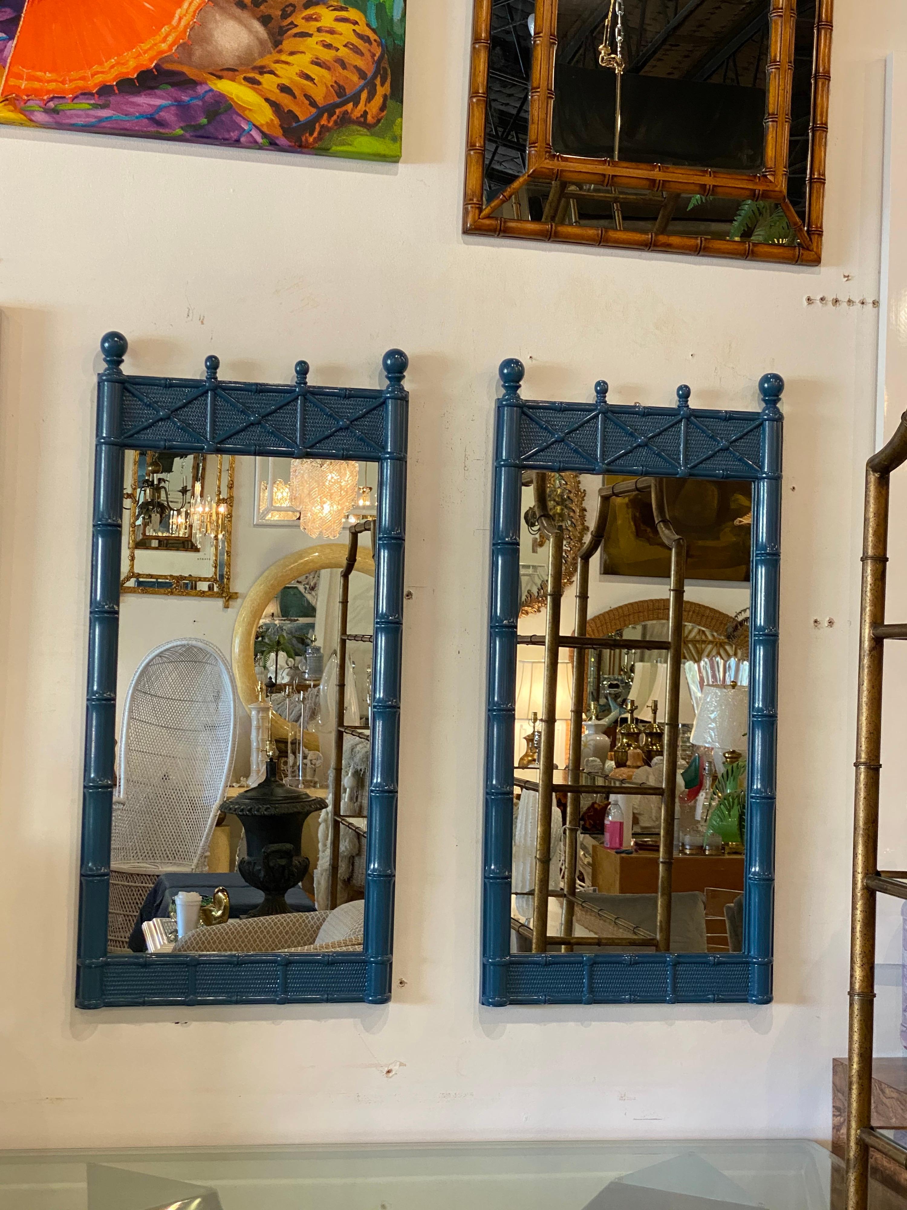Vintage Pair of Faux Bamboo Chinese Chippendale Blue Lacquered Wall Mirrors 1