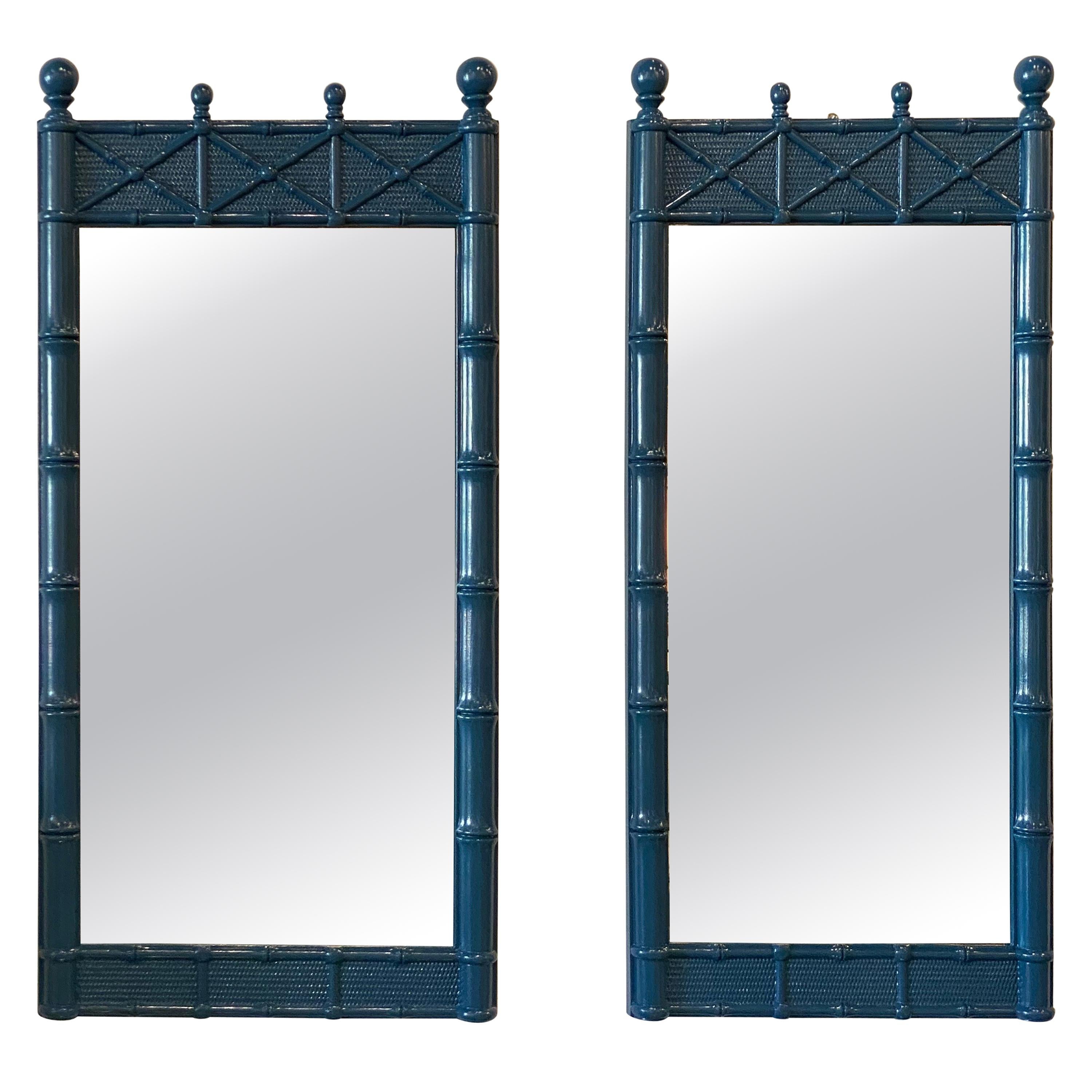 Vintage Pair of Faux Bamboo Chinese Chippendale Blue Lacquered Wall Mirrors