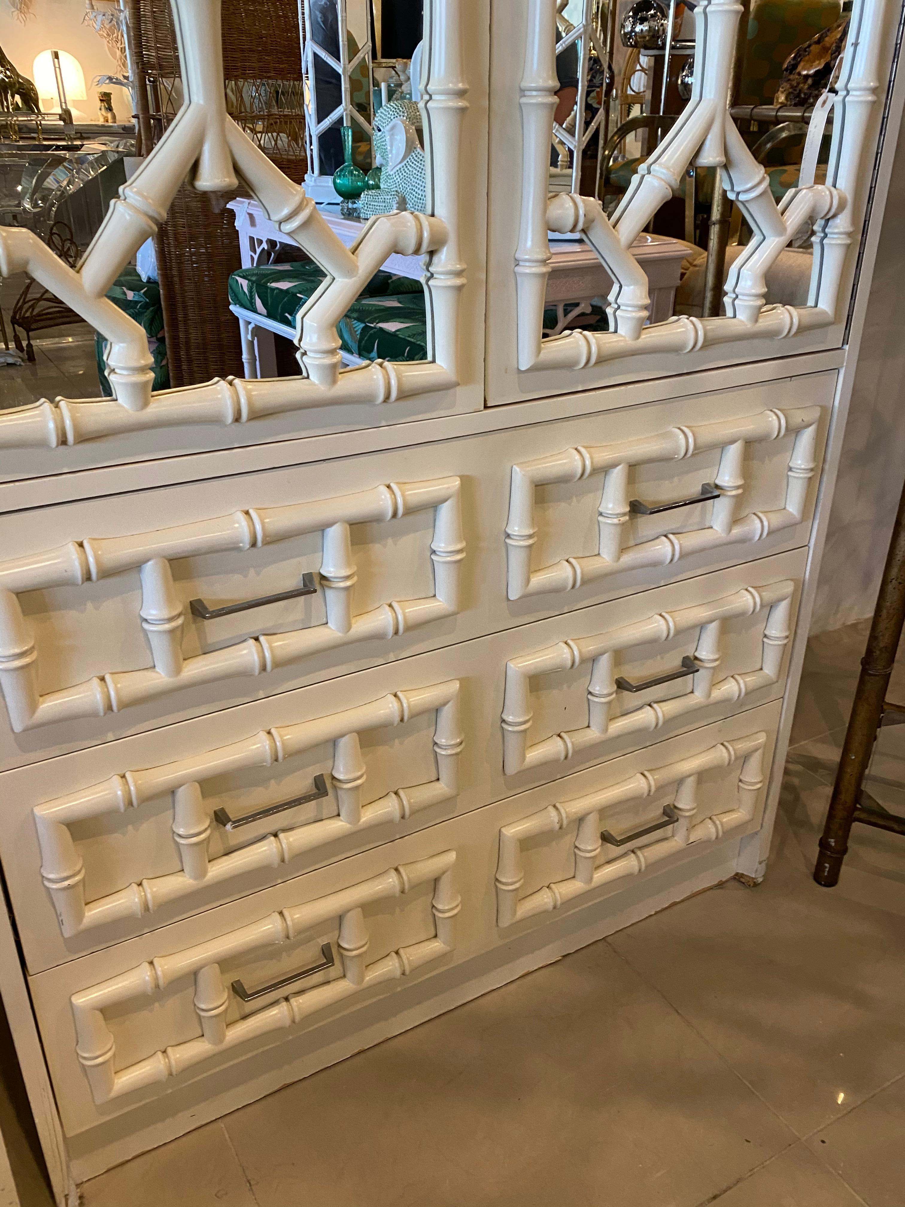 Vintage Pair of Faux Bamboo Chinese Chippendale Mirror Cabinets Shelves Drawers 4