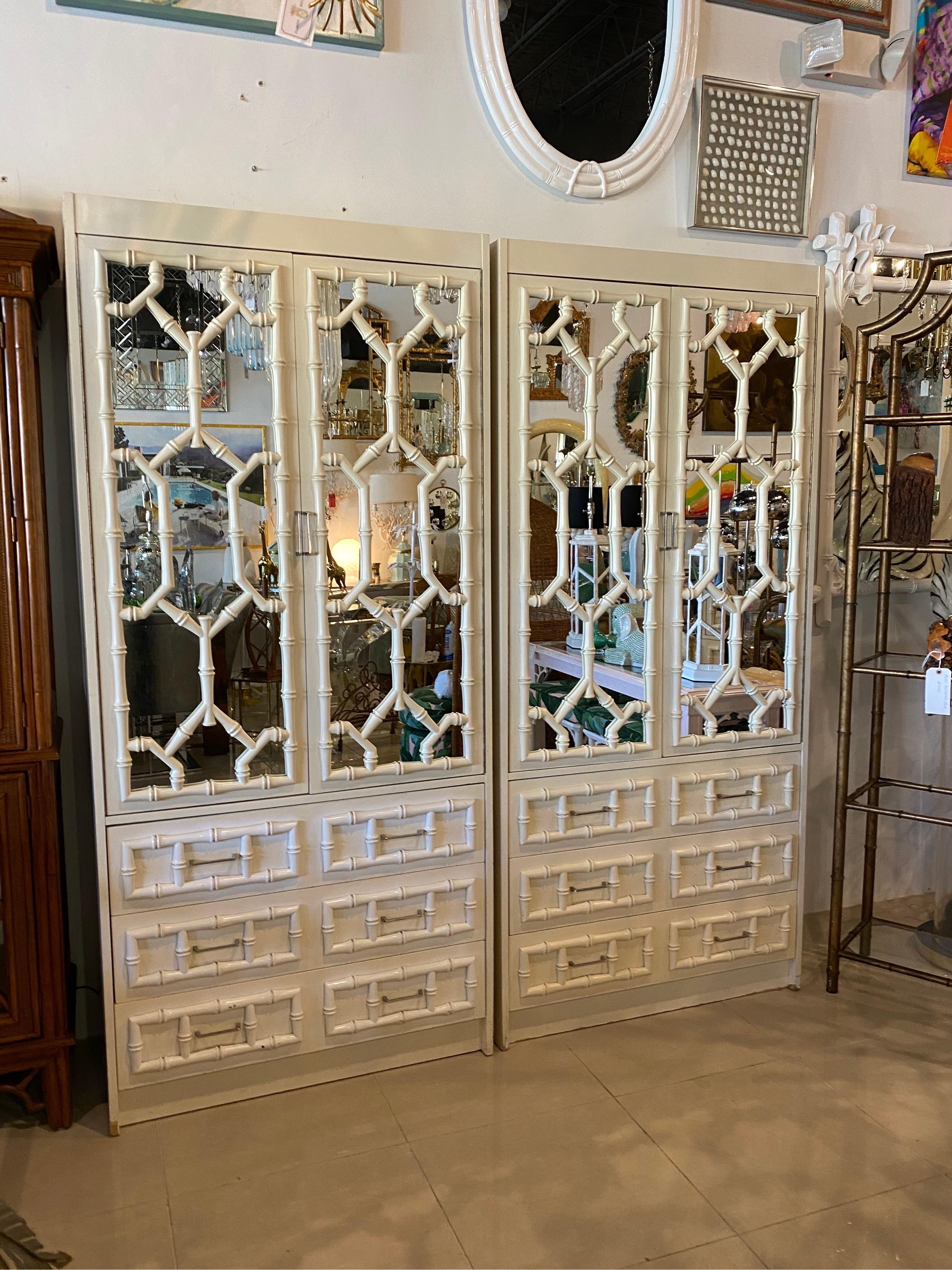 Late 20th Century Vintage Pair of Faux Bamboo Chinese Chippendale Mirror Cabinets Shelves Drawers