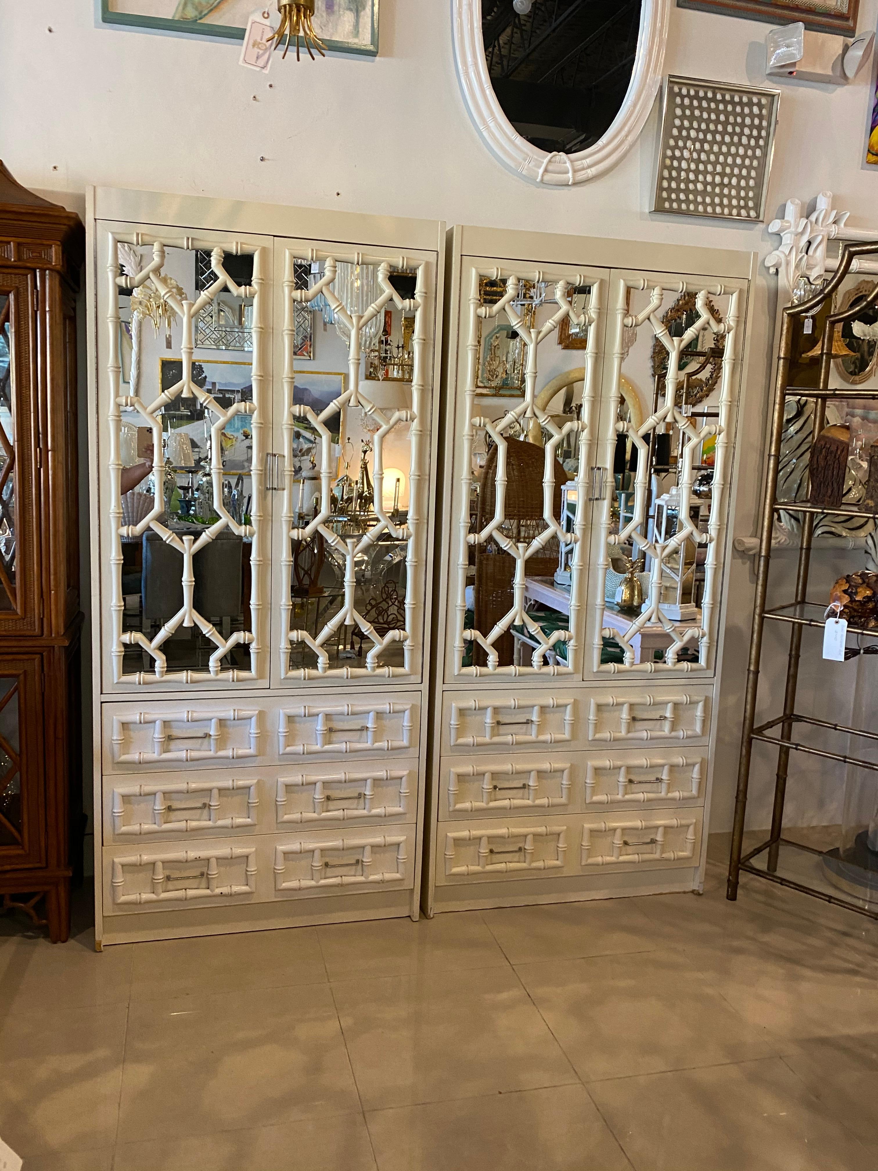 Vintage Pair of Faux Bamboo Chinese Chippendale Mirror Cabinets Shelves Drawers 1