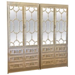 Vintage Pair of Faux Bamboo Chinese Chippendale Mirror Cabinets Shelves Drawers