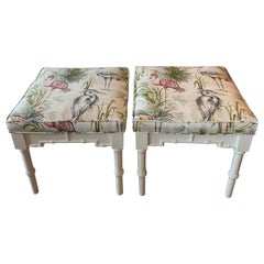 Vintage Pair of Faux Bamboo Newly Lacquered Benches Stools Newly Upholstered
