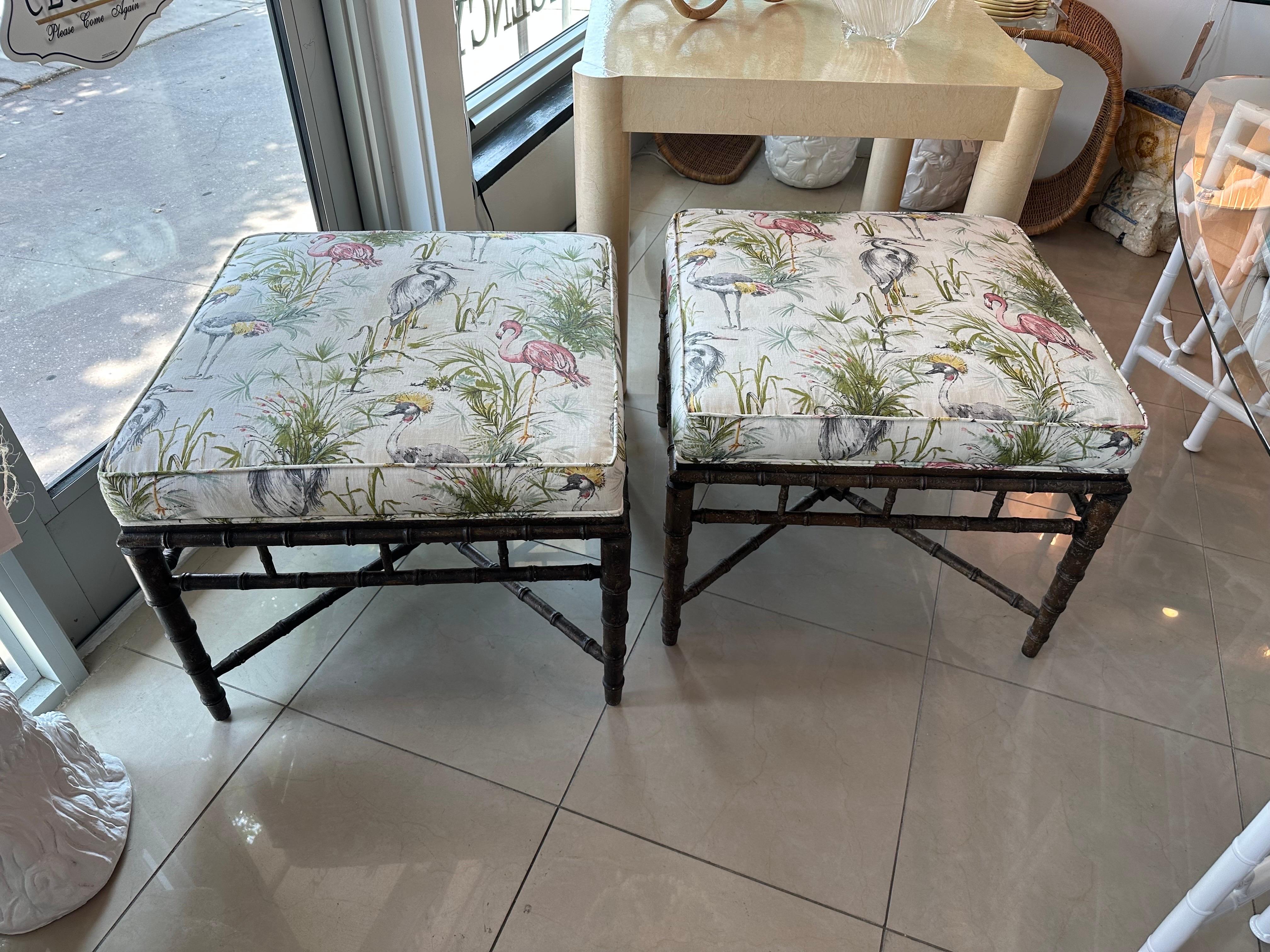 Vintage Pair of Faux Bamboo Ottomans Benches Stools Birds New Upholstery For Sale 14