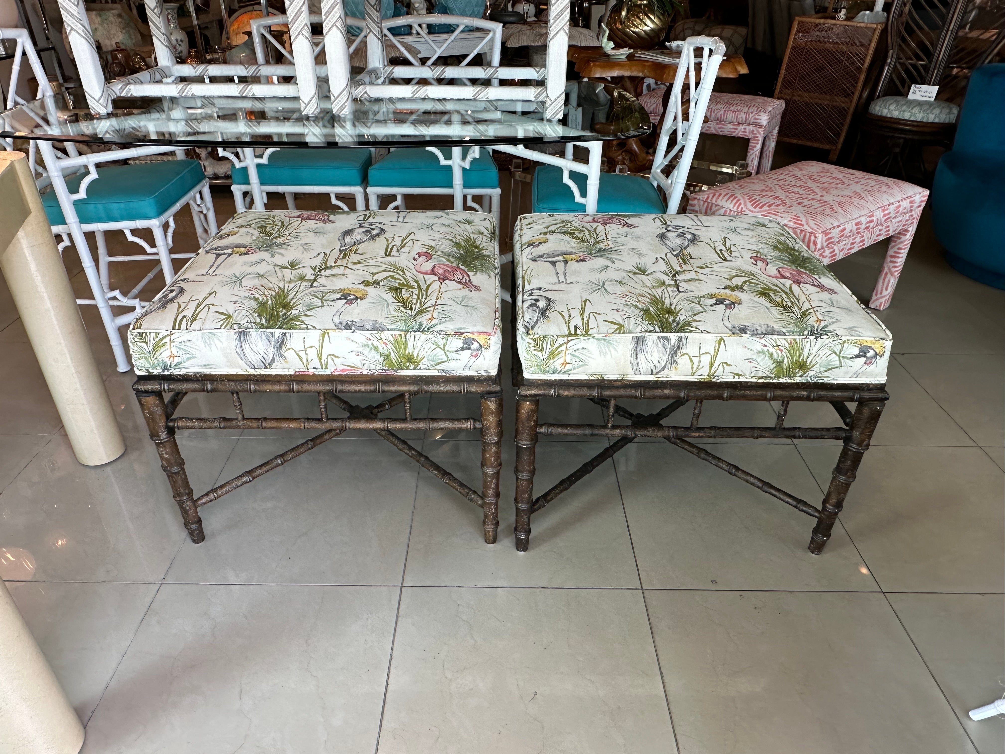 Vintage Pair of Faux Bamboo Ottomans Benches Stools Birds New Upholstery In Good Condition For Sale In West Palm Beach, FL