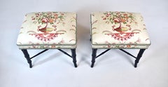Vintage Pair of Faux Bamboo Ottomans Benches Stools Floral New Upholstery
