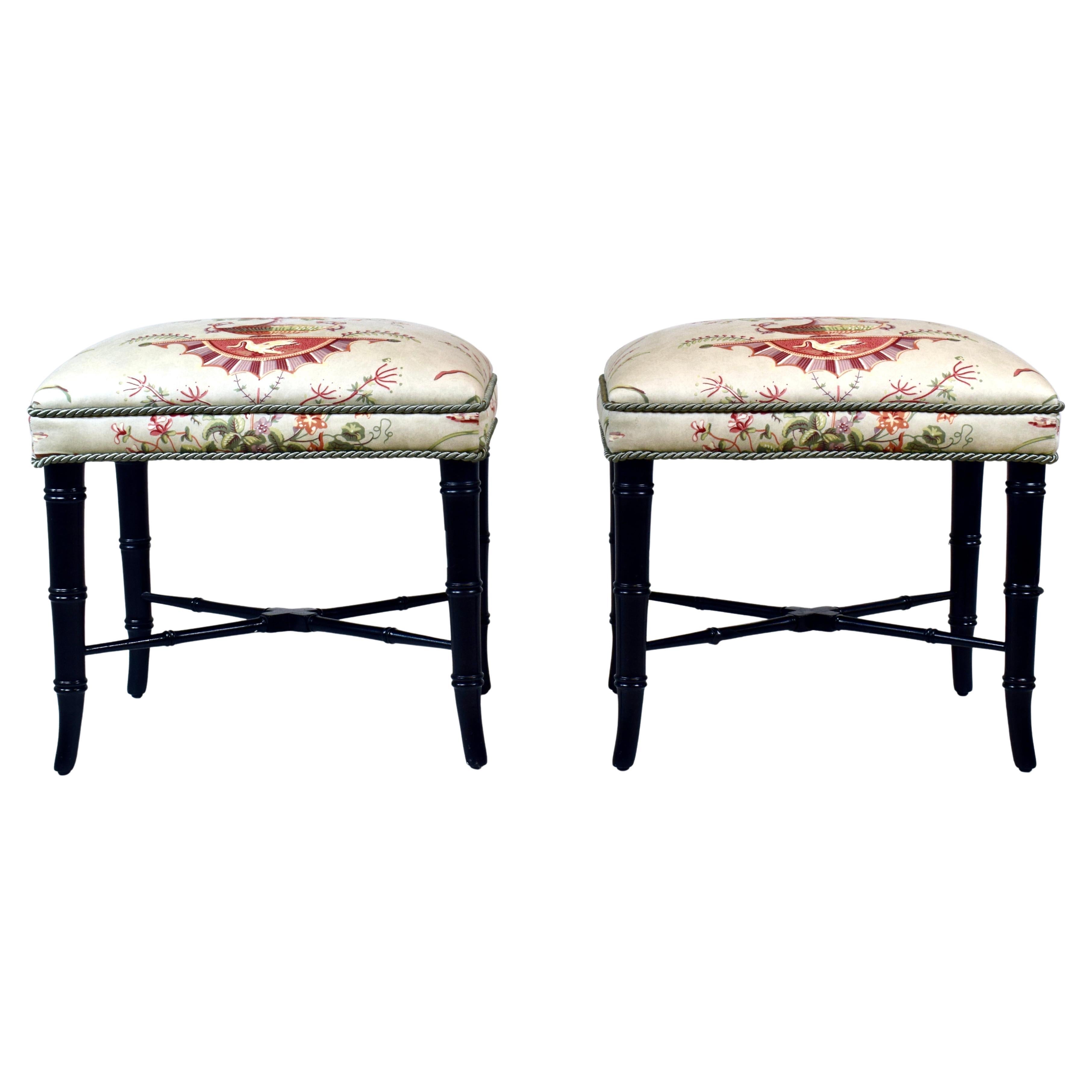 Vintage Pair of Faux Bamboo Ottomans Benches Stools Floral New Upholstery For Sale