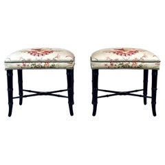 Vintage Pair of Faux Bamboo Ottomans Benches Stools Floral New Upholstery