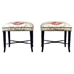Vintage Pair of Faux Bamboo Ottomans Benches Stools Floral New Upholstery