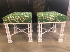 Vintage Pair of Faux Bamboo White Lacquered Palm Tree Upholstered Stools Benches