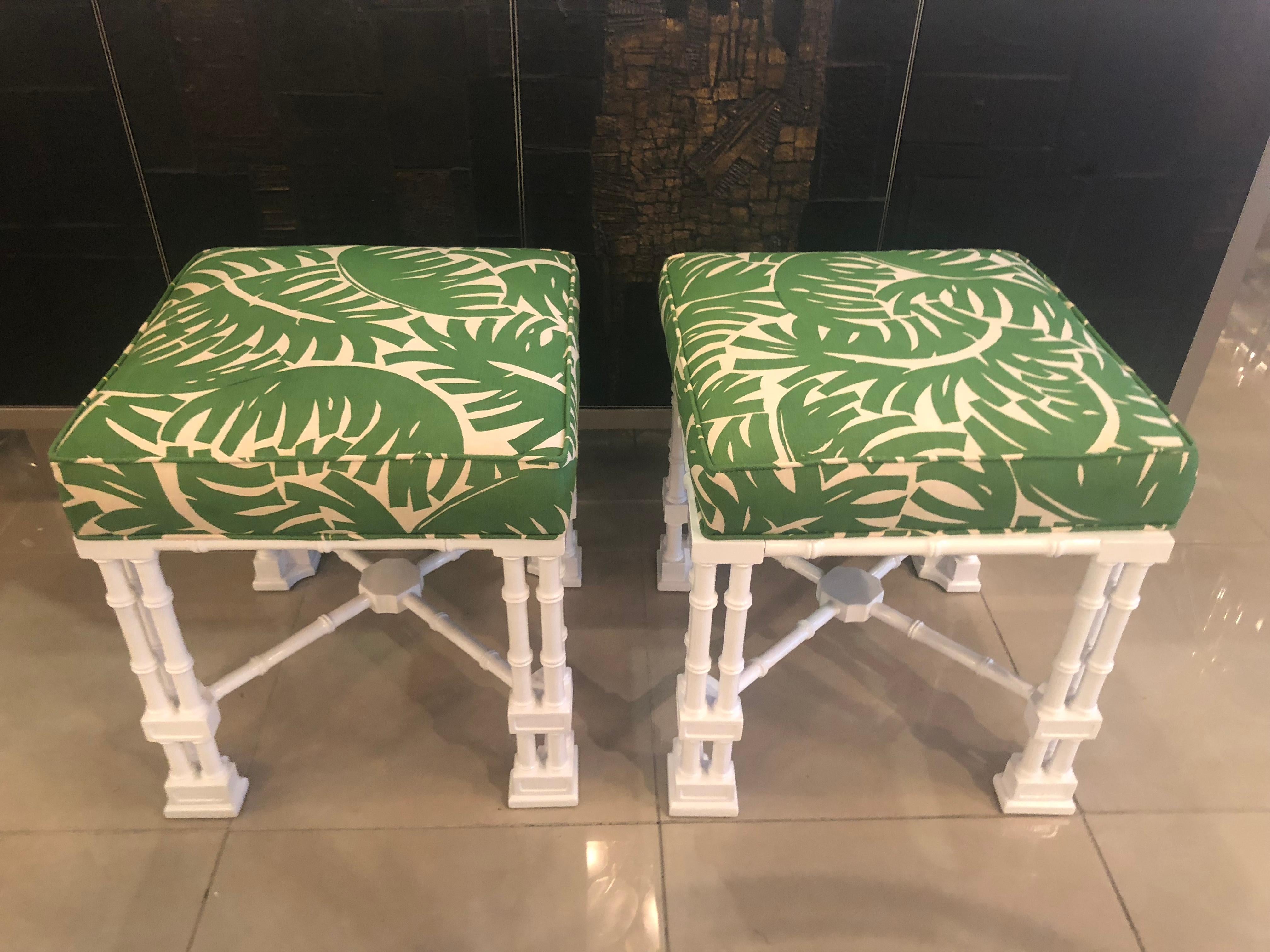 Hollywood Regency Vintage Pair of Faux Bamboo White Lacquered Palm Tree Upholstered Stools Benches