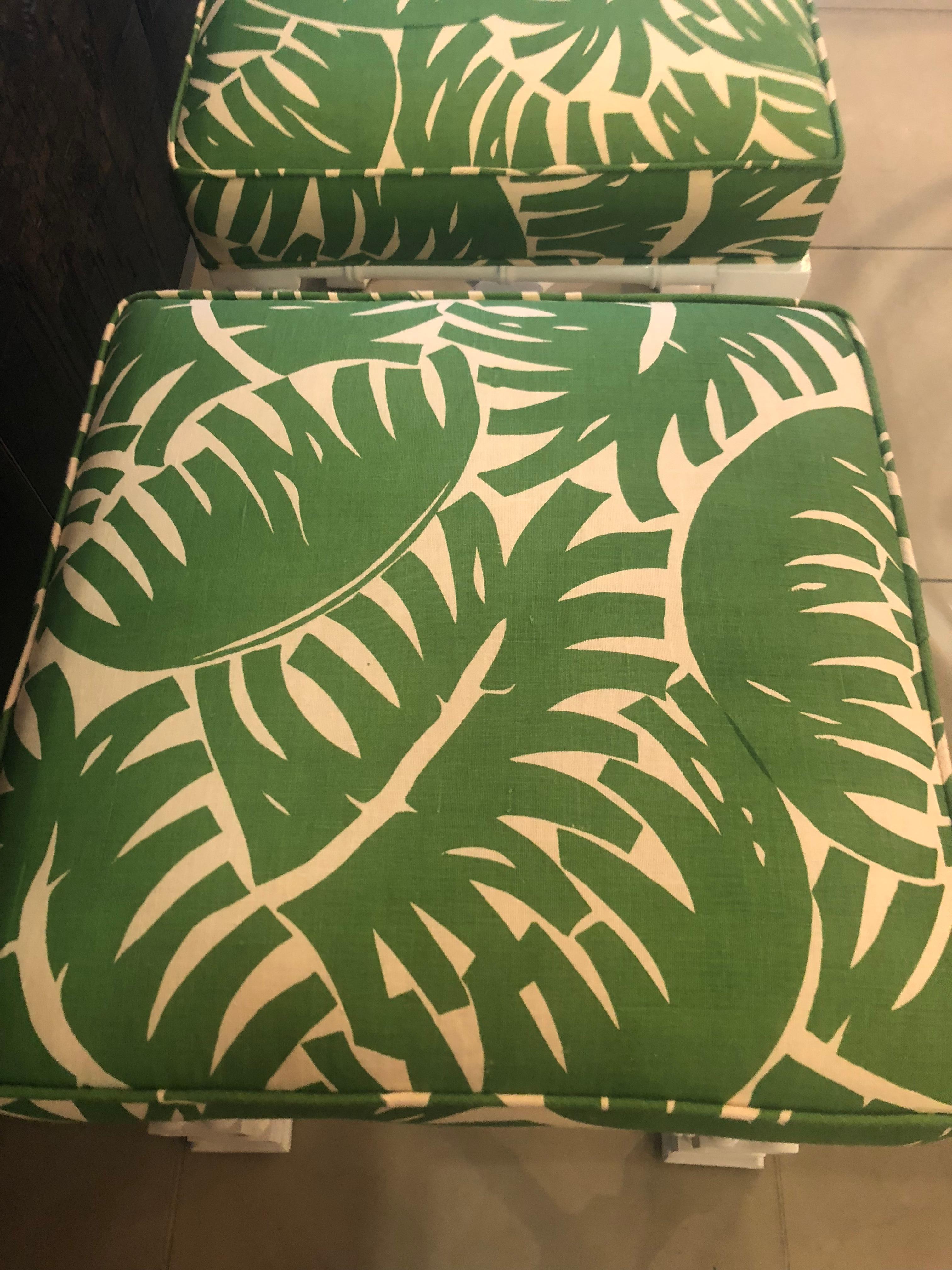 Vintage Pair of Faux Bamboo White Lacquered Palm Tree Upholstered Stools Benches In Good Condition In West Palm Beach, FL