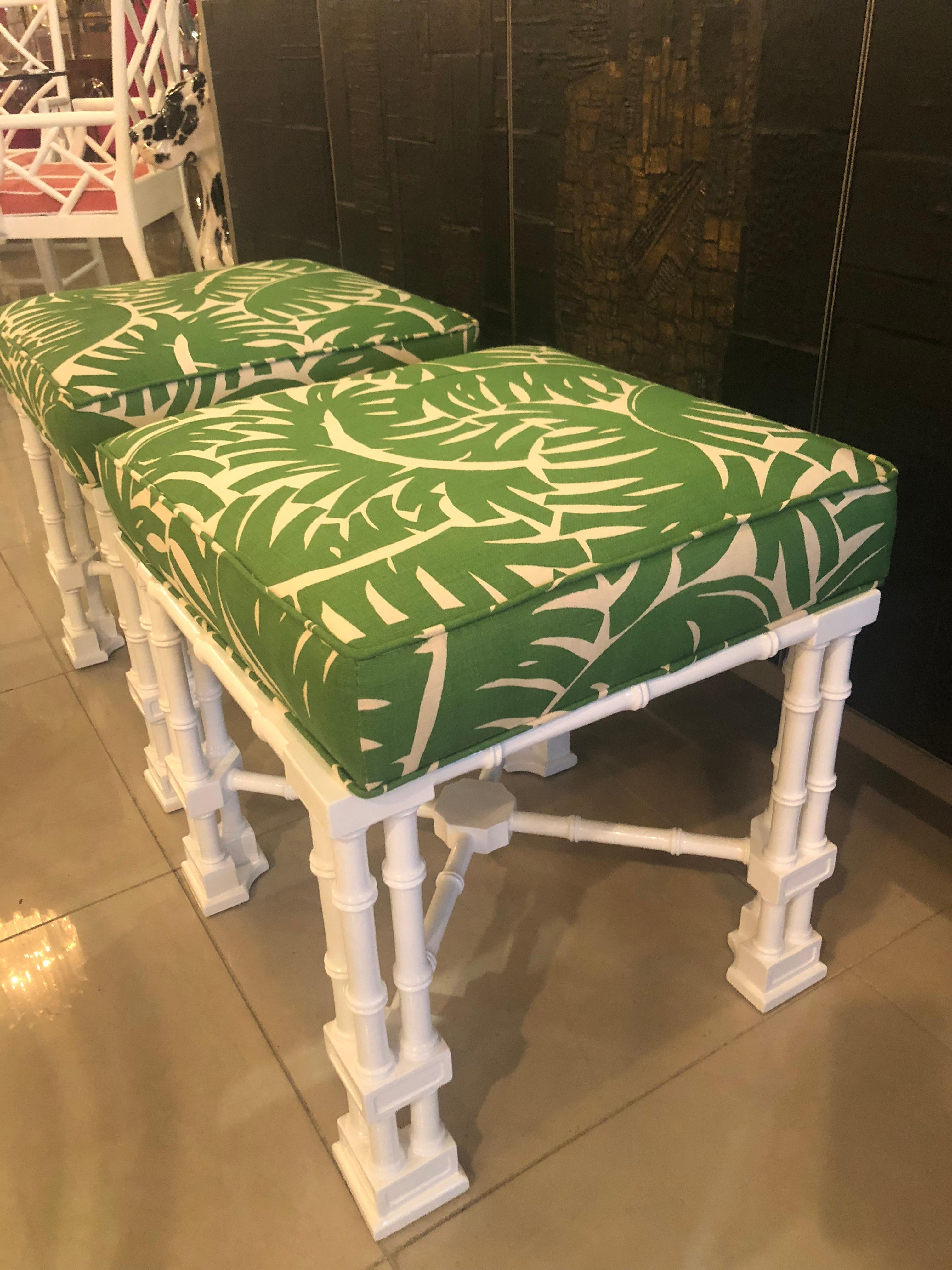 Vintage Pair of Faux Bamboo White Lacquered Palm Tree Upholstered Stools Benches In Good Condition In West Palm Beach, FL