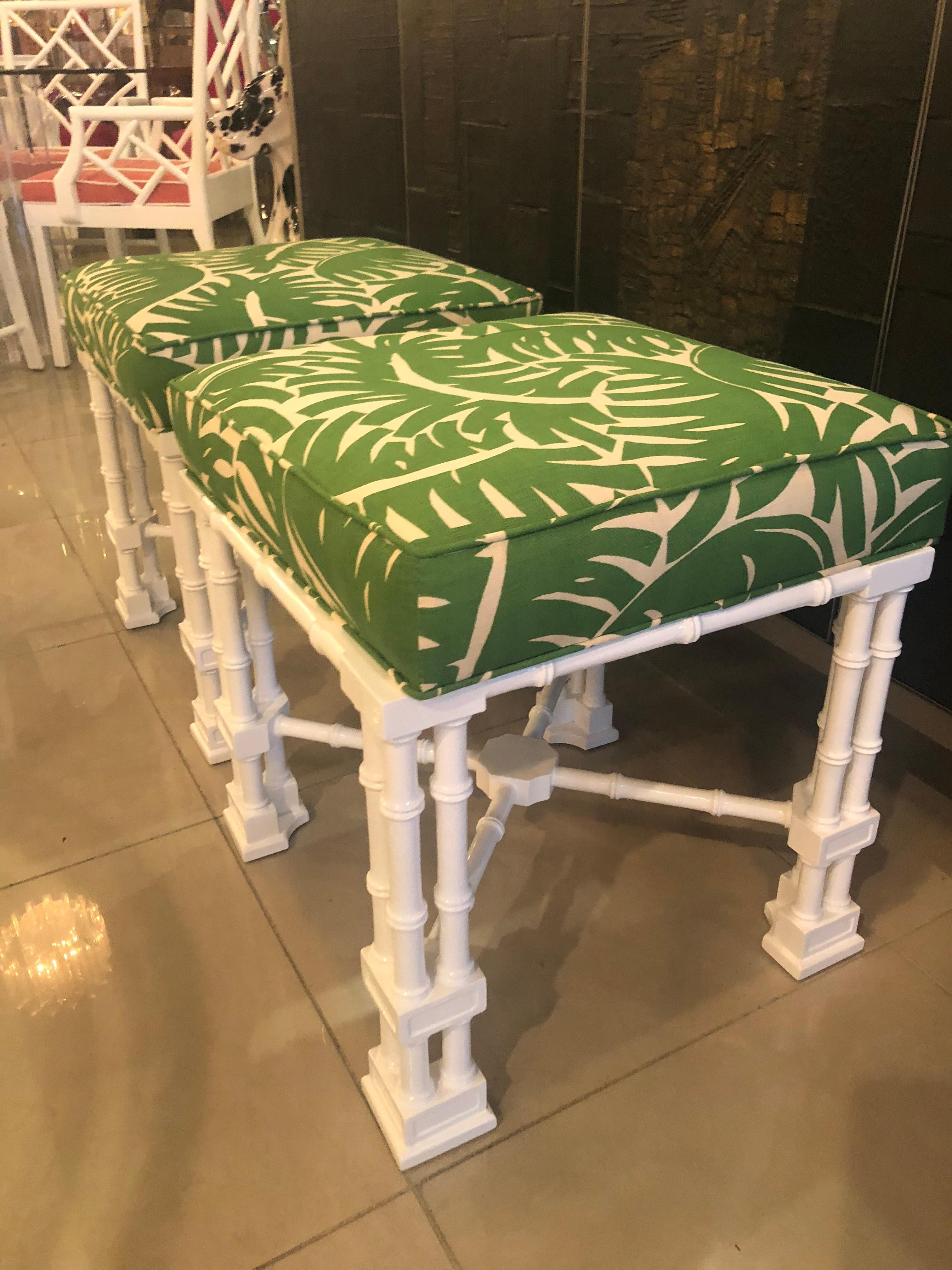 Late 20th Century Vintage Pair of Faux Bamboo White Lacquered Palm Tree Upholstered Stools Benches