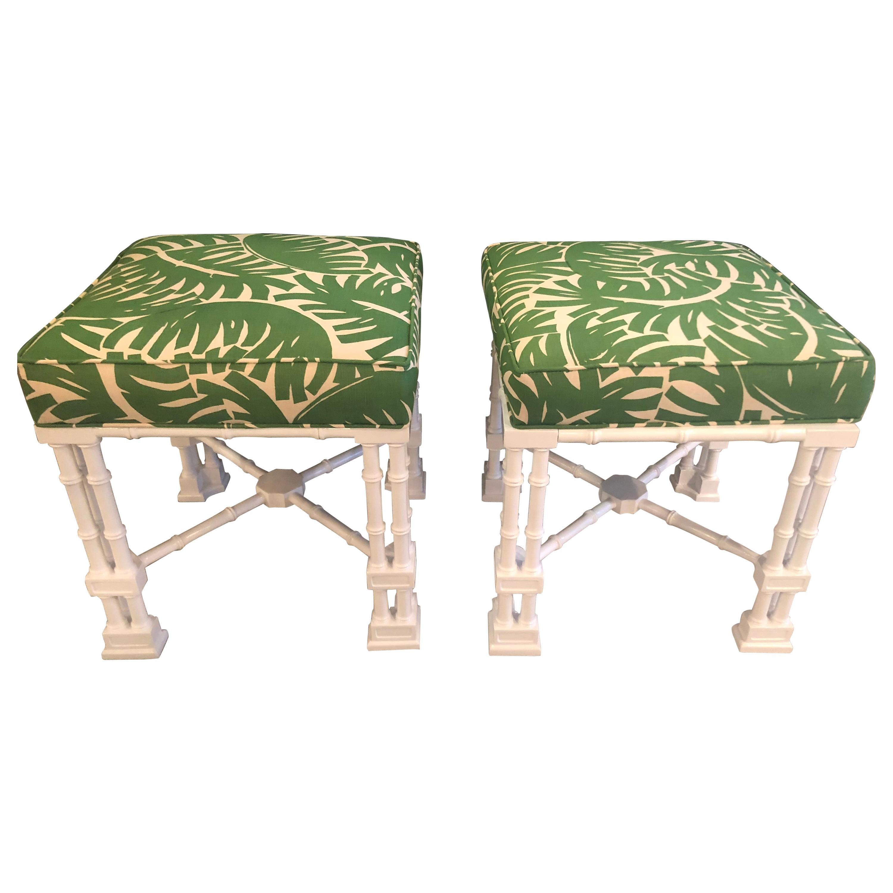 Vintage Pair of Faux Bamboo White Lacquered Palm Tree Upholstered Stools Benches