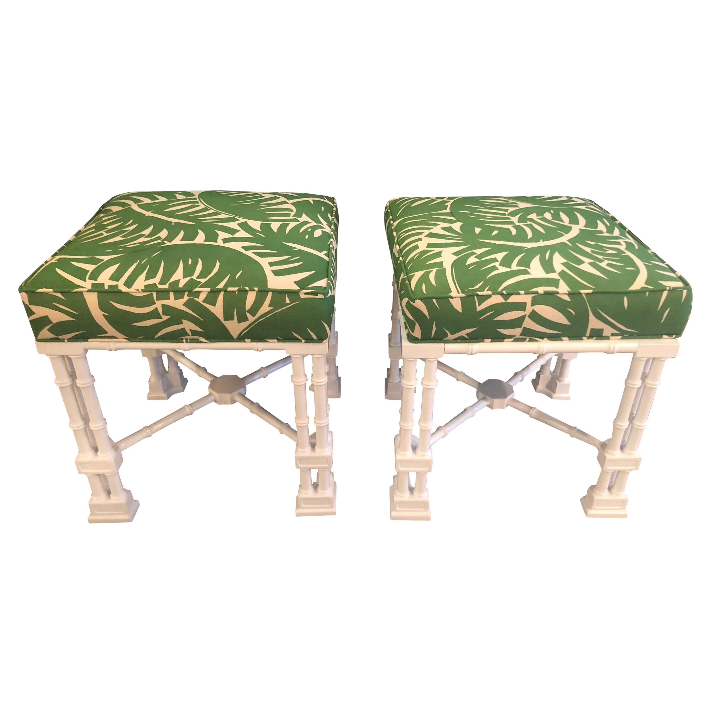 Vintage Pair of Faux Bamboo White Lacquered Palm Tree Upholstered Stools Benches