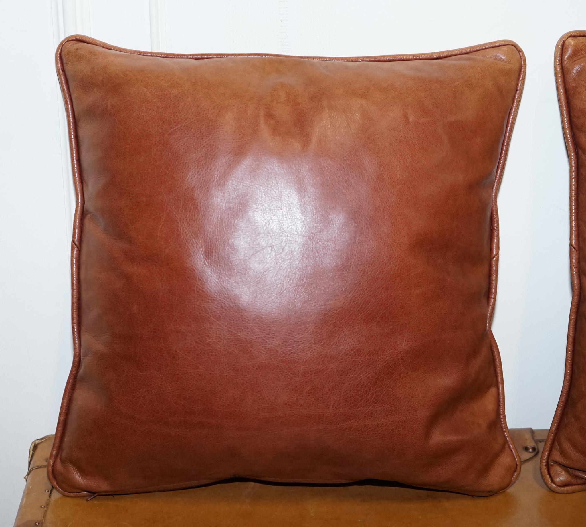 Hand-Crafted VINTAGE PAIR OF FEATHER FiLLED CHESTNUT BROWN LEATHER & FABRIC SCATTER CUSHIONS For Sale
