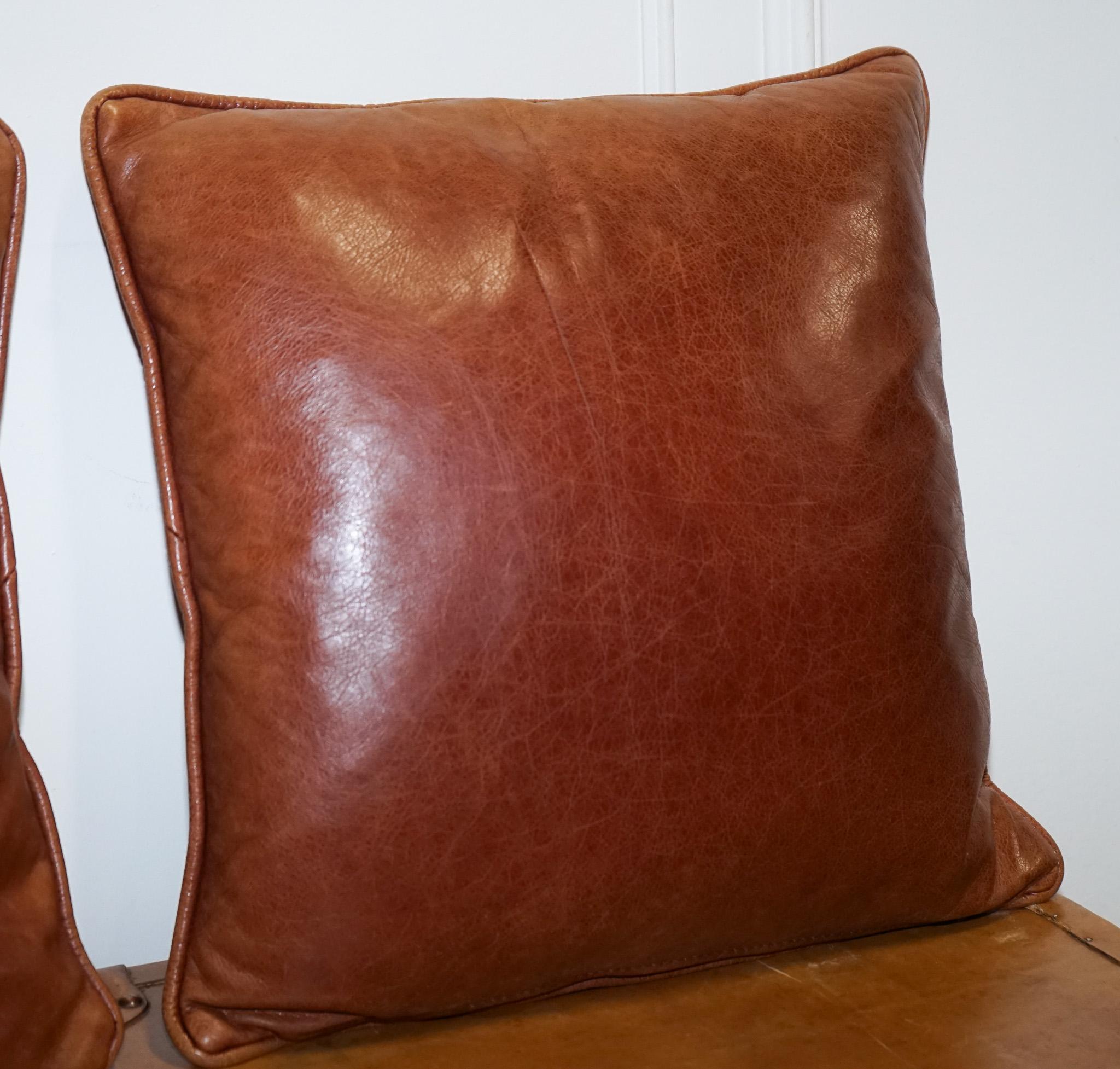 Leather VINTAGE PAIR OF FEATHER FiLLED CHESTNUT BROWN LEATHER & FABRIC SCATTER CUSHIONS For Sale