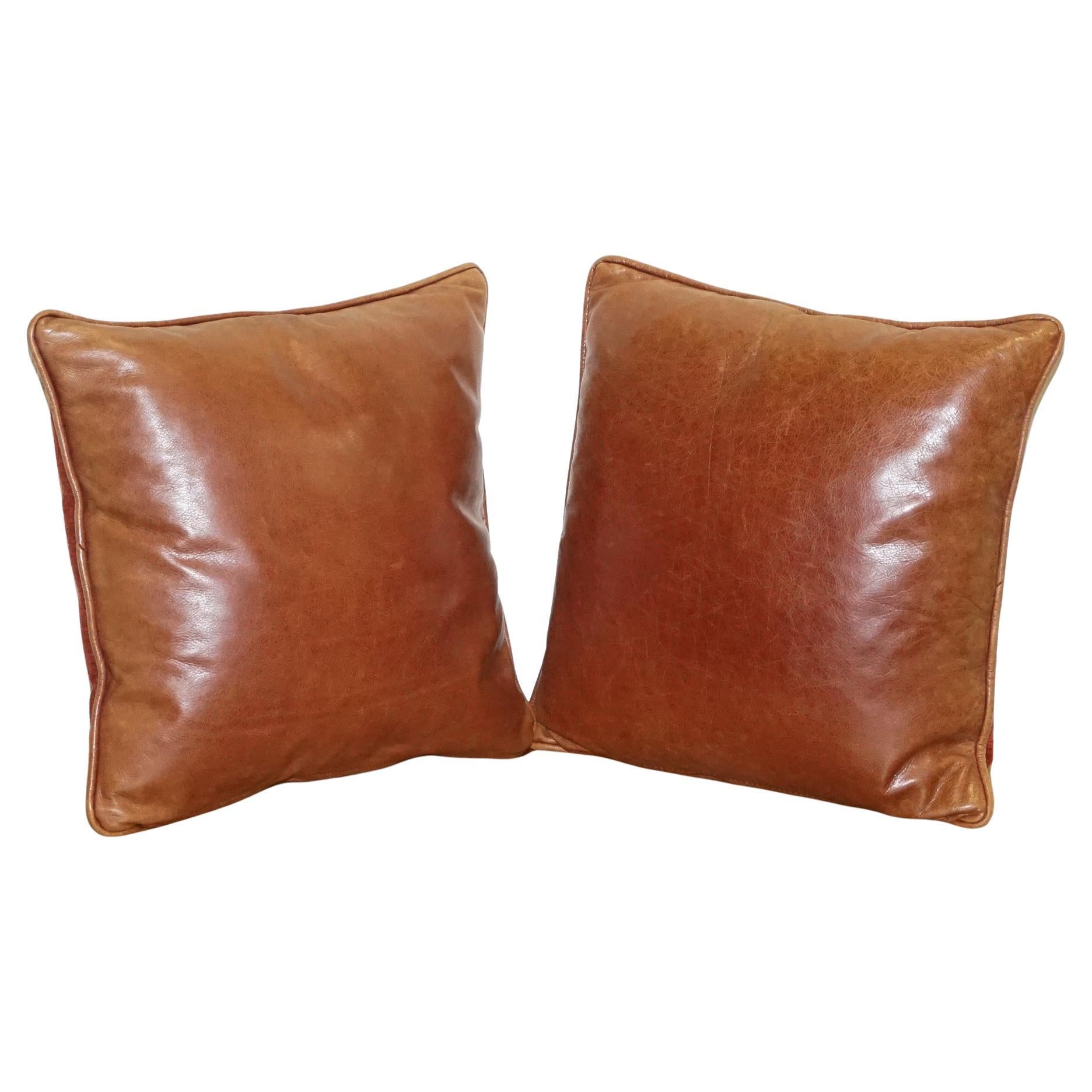 VINTAGE PAIR OF FEATHER FiLLED CHESTNUT BROWN LEATHER & FABRIC SCATTER CUSHIONS For Sale