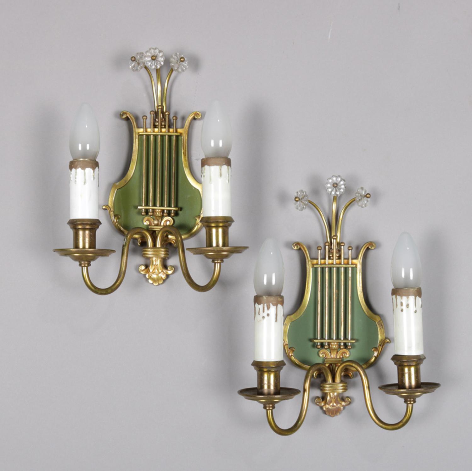 American Vintage Pair of Federal Style Brass Lyre Form 2-Light Wall Sconces