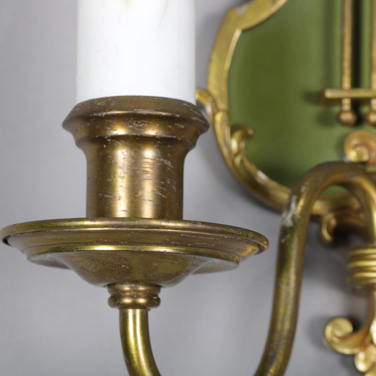 Vintage Pair of Federal Style Brass Lyre Form 2-Light Wall Sconces In Good Condition In Big Flats, NY