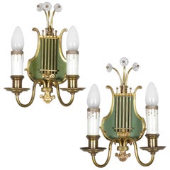 Vintage Pair of Federal Style Brass Lyre Form 2-Light Wall Sconces