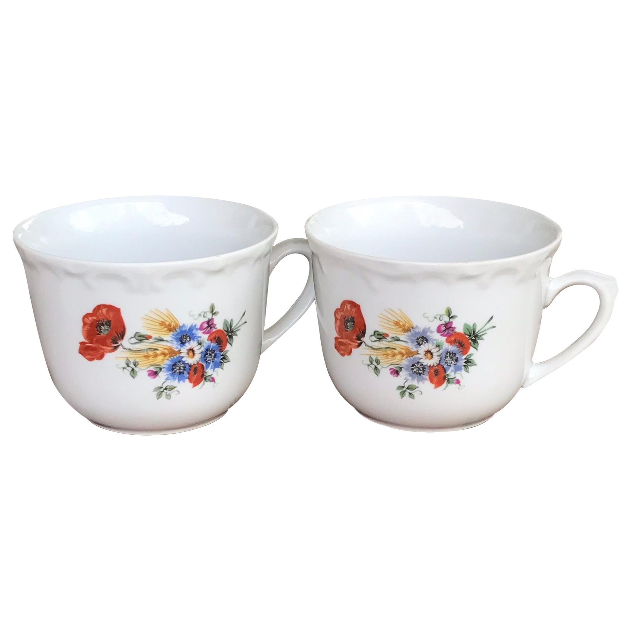 Vintage Pair of Fine Porcelain Kahla Tea Cups with Multi-Color Floral Design For Sale