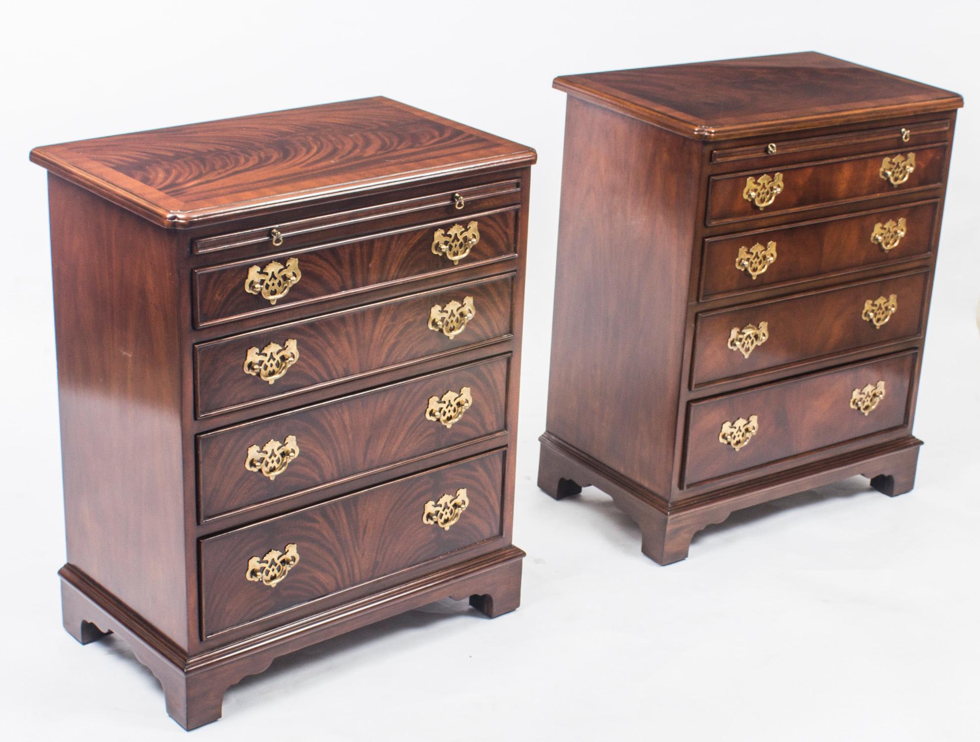 Vintage Pair of Flame Mahogany Bedside Chests Cabinets With Slides 20th Century For Sale 11