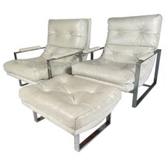 Retro Pair of Flat Bar Chrome and Vinyl Lounge Chairs