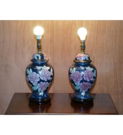 Vintage Pair of Floral Hand Painted Navy Blue Lamp Stand