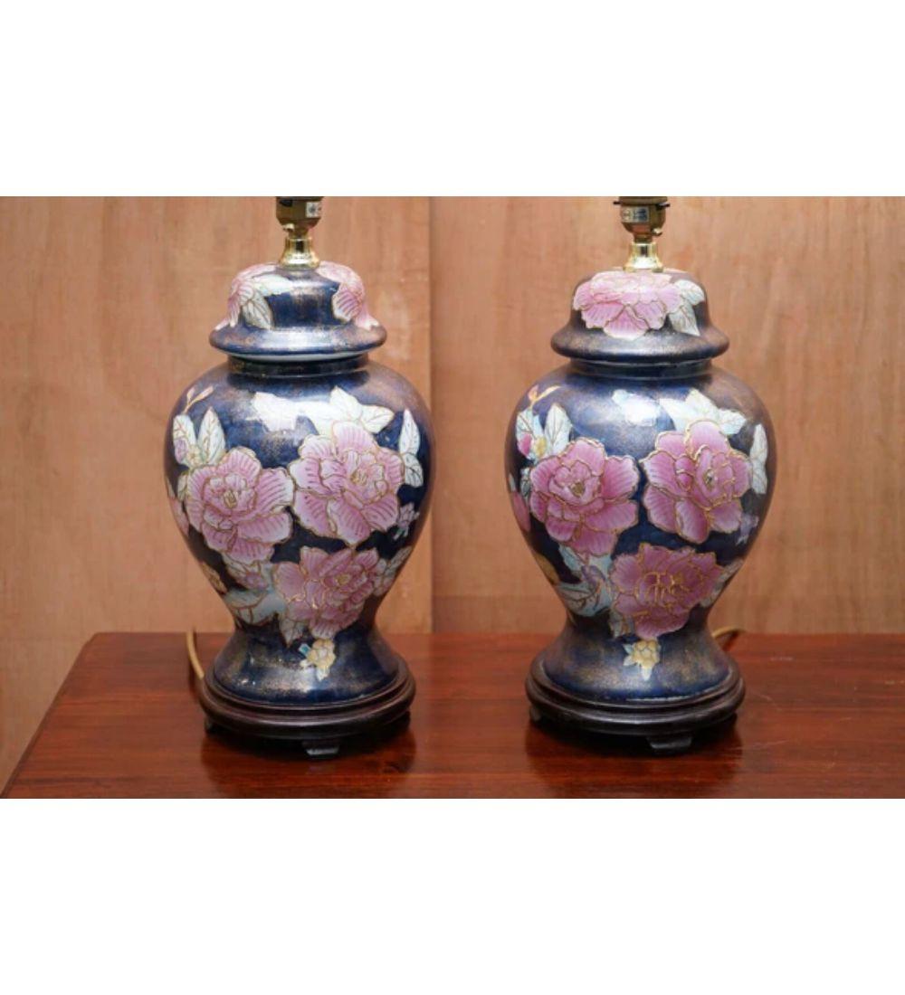 Hand-Crafted Vintage Pair of Floral Hand Painted Navy Blue Lamp Stand For Sale