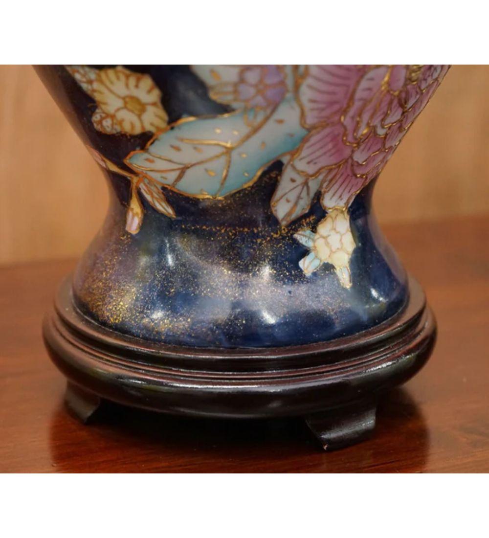 Ceramic Vintage Pair of Floral Hand Painted Navy Blue Lamp Stand For Sale