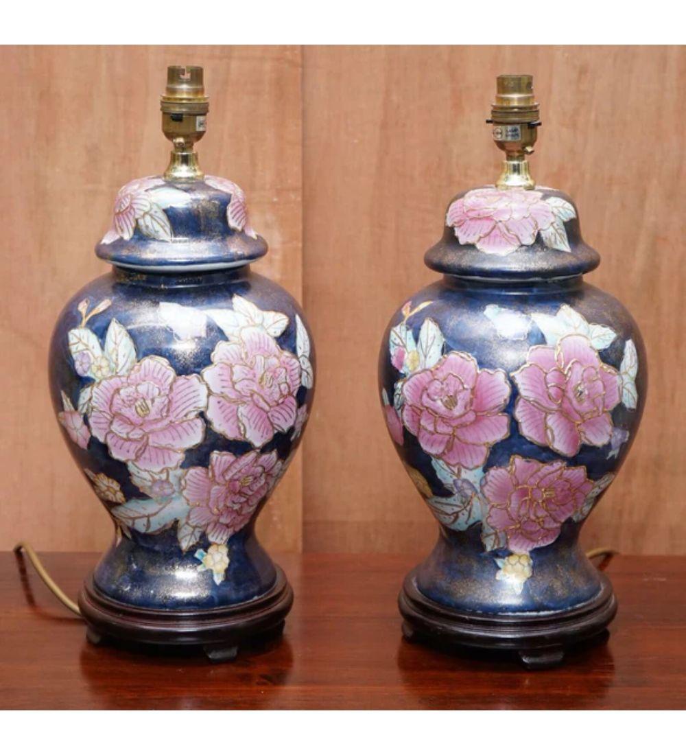 Vintage Pair of Floral Hand Painted Navy Blue Lamp Stand For Sale 1