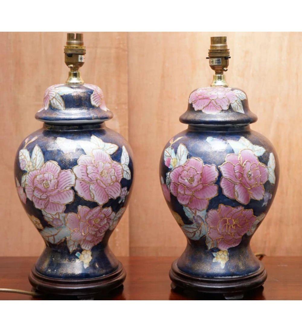 Vintage Pair of Floral Hand Painted Navy Blue Lamp Stand For Sale 2