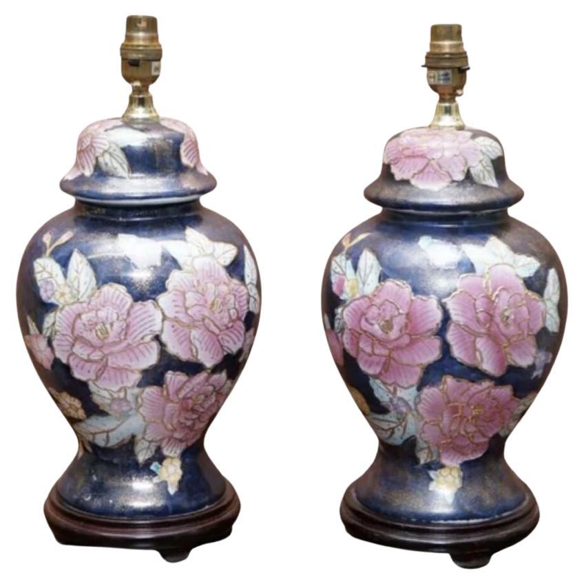 Vintage Pair of Floral Hand Painted Navy Blue Lamp Stand For Sale