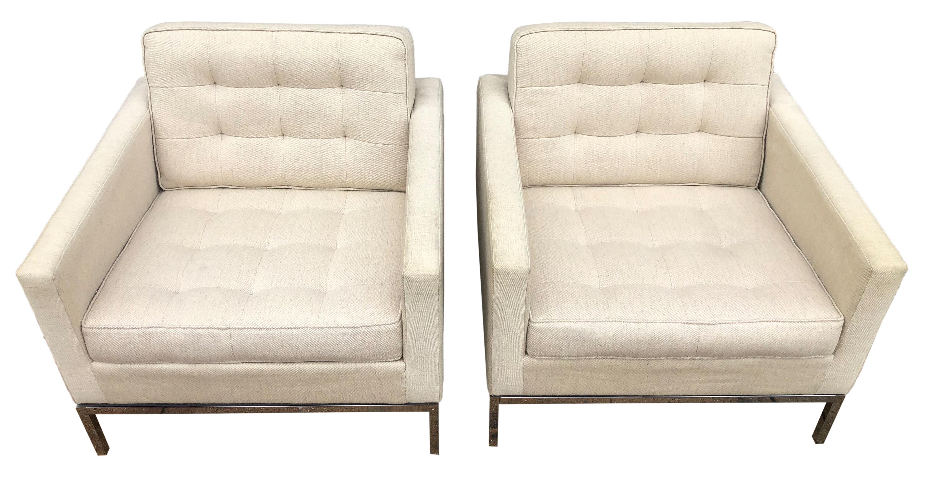 Vintage Pair of original club lounge chairs by Florence Knoll for Knoll International 655 Madison Ave. NYC. Classic great lines. The chrome bases are perfect with all original Knoll white/sand woven upholstery that is in great condition. Off-white