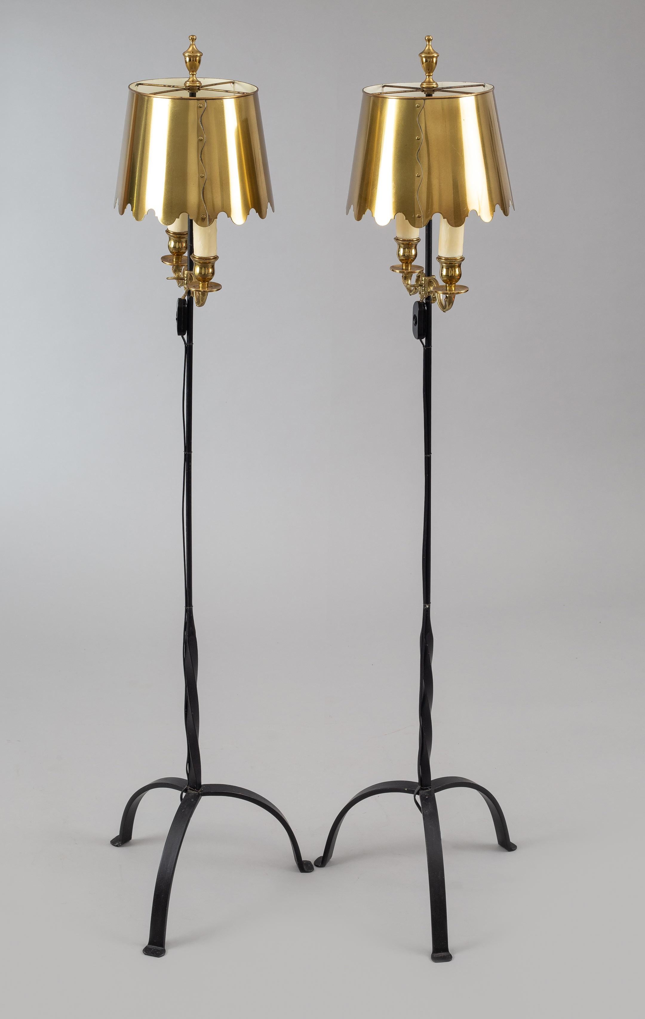 American Classical Vintage Pair of Fortuny Wrought Iron and Brass Floor Lamps