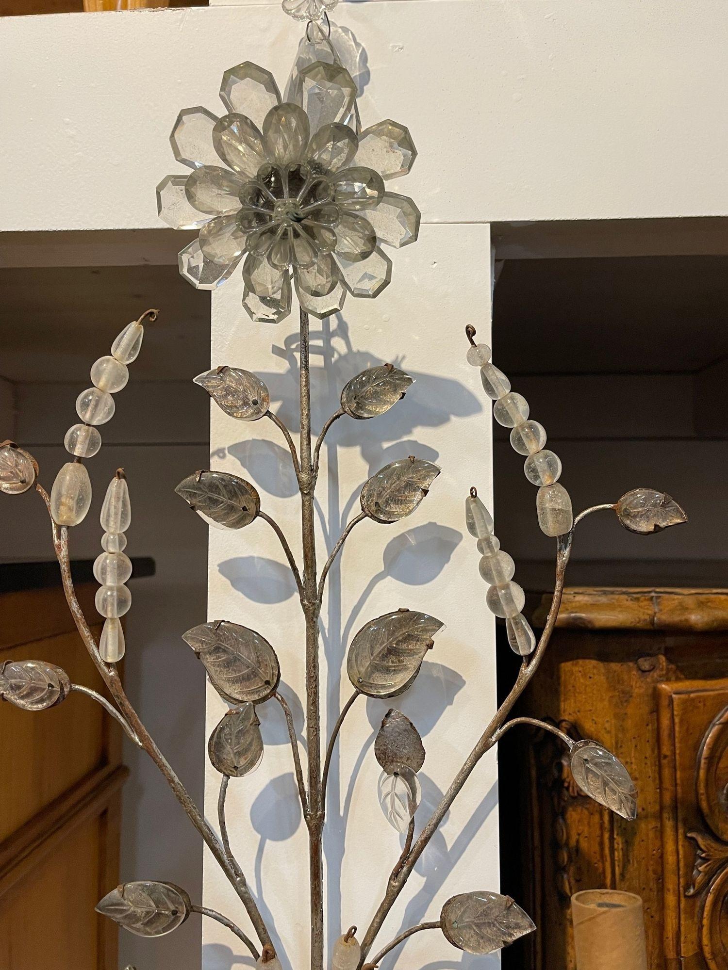 Vintage Pair of French Bagues Crystal and Silver Leaf Sconces In Distressed Condition For Sale In Dallas, TX